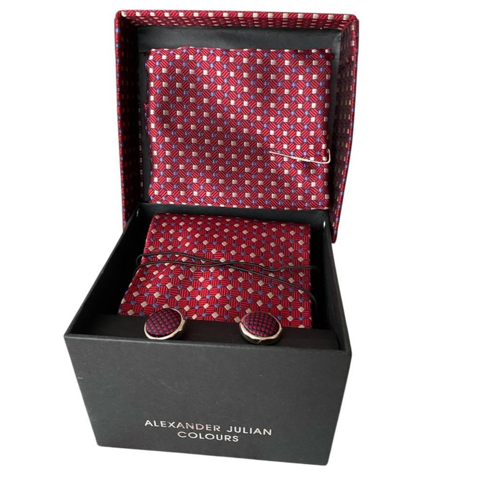 Alexander Julian Red Tie Hanker Chief  Cufflinks Set Red Hand Woven